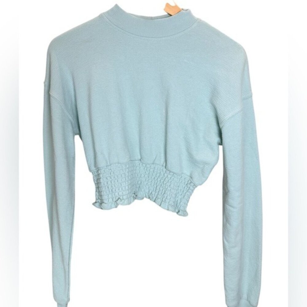 Sky Blue Cropped Ribbed Top Smocked Hem Long Sleeve Soft Girl Basic S